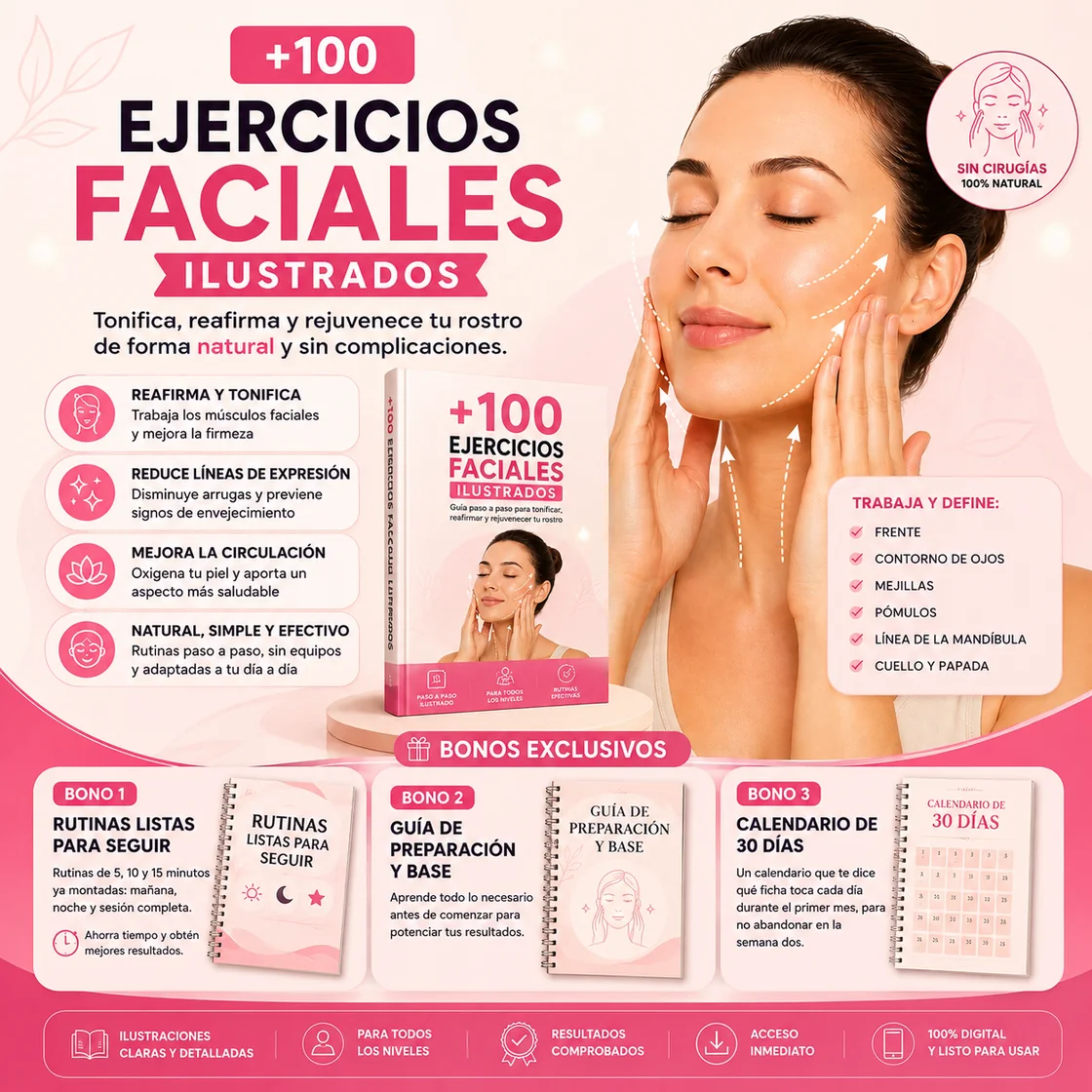 +100 Ejercicios Faciales Ilustrados — las 6 zonas del rostro y los 3 bonos incluidos